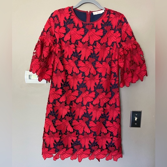 TORY BURCH •RARE• Nicola Guipure Lace Dress In Volcano Red & Navy Blue Size 6 - Picture 8 of 13
